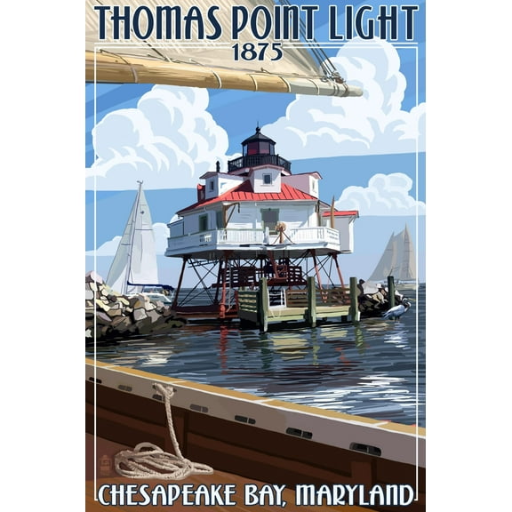 Art.com Thomas Point Light - Chesapeake Bay, Maryland Art Print by Lantern Press, 24" x 36"
