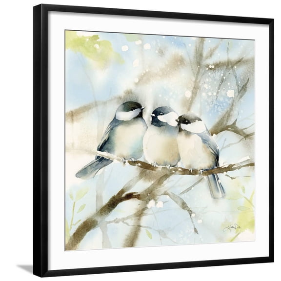 Art.com Three Chickadees in Spring Sq Art Print by Katrina Pete, Black Frame Wall Art, 29" x 29"