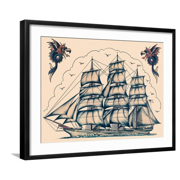 Art.com Three Masted Ship & Sea Dragons, Vintage Tattoo Flash by Norman Collins, aka, Sailor Jerry Art Print by Piddix, Black Frame Wall Art, 29" x 23"