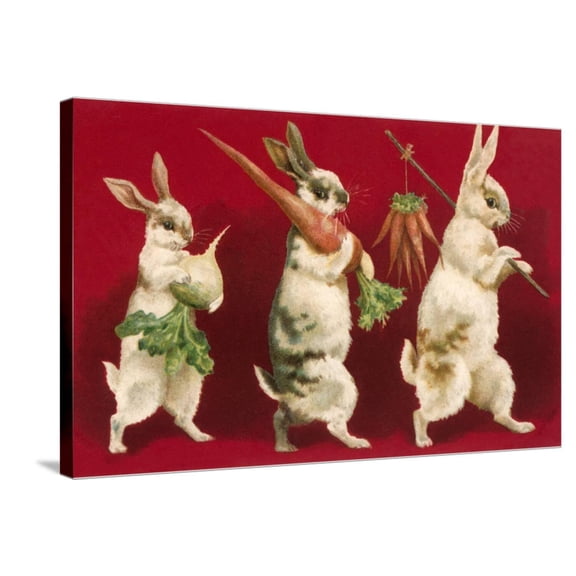 Art.com Three Rabbits Carrying Vegetables Stretched Canvas Print Wall Art, 36" x 24"