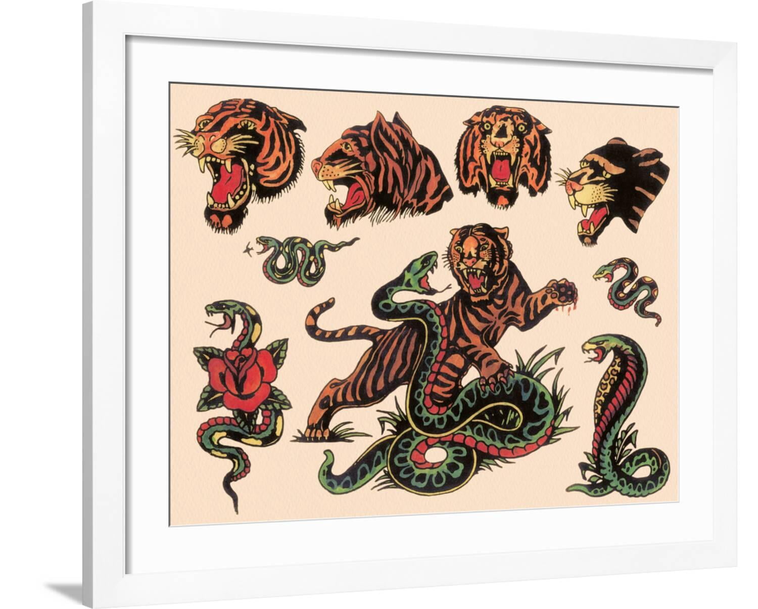 カーリー神 タトゥーフラッシュ アートパネル　ウッドウォールアート tattoo Art-com-Tigers-Snakes-