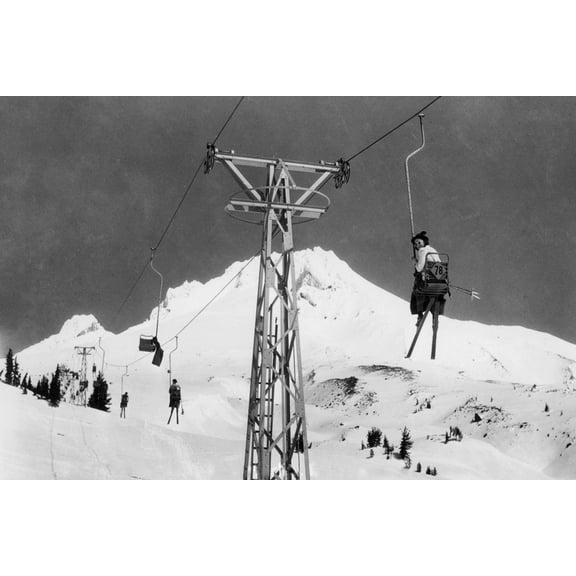 Art.com Timberline Lodge Mt. Hood Mile Long Chair Ski Lift Photograph - Mt. Hood, OR Art Print by Lantern Press, 18" x 12"