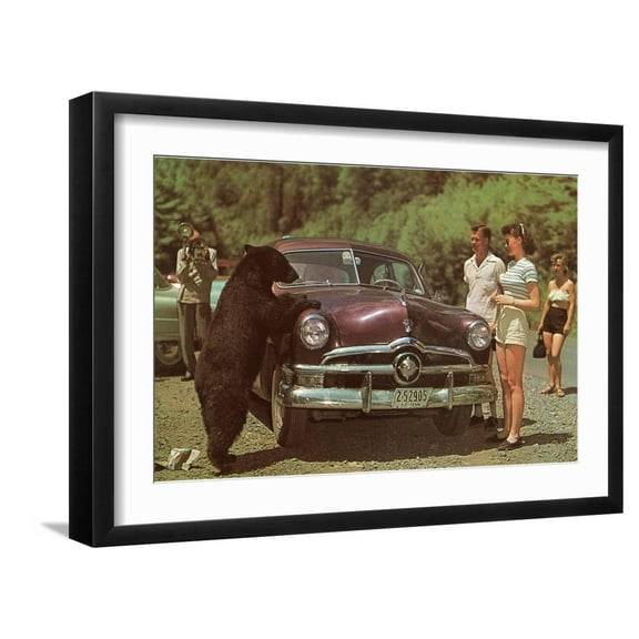 Art.com Tourists Watching Black Bear Art Print, Black Frame Wall Art, 23" x 17"