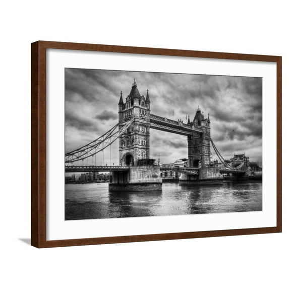 Art.com Tower Bridge In London, The Uk. Black And White, Artistic Vintage, Retro Style Art Print by Michal Bednarek, Brown Frame Wall Art, 29" x 21"