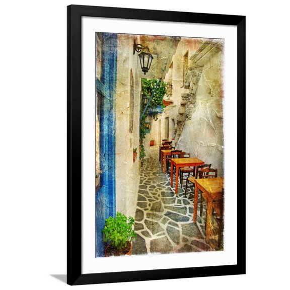 Art.com Traditional Greek Tavernas - Artwork In Painting Style Art Print by Maugli-l, Black Frame Wall Art, 32" x 44"