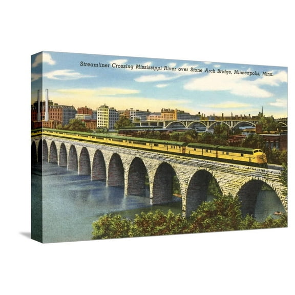 Art.com Train Crossing Stone Arch Bridge, Minneapolis, Minnesota Stretched Canvas Print Wall Art, 18" x 12"