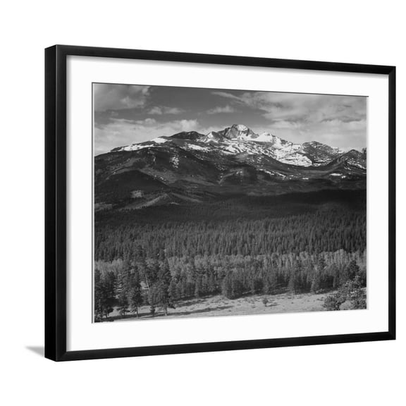Art.com Trees Fgnd, Snow Covered Mts Bkgd Long's Peak From North Rocky Mountain NP Colorado 1933-1942 Art Print by Ansel Adams, Black Frame Wall Art, 29" x 23"
