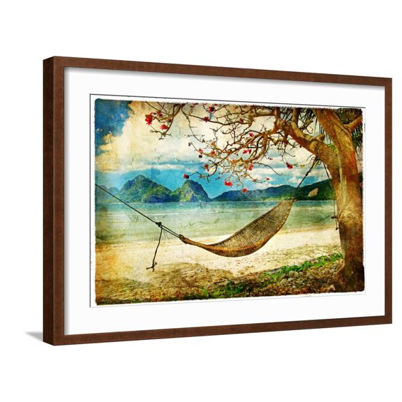 Art.com Tropical Scene- Artwork In Painting Style Art Print by Maugli-l, Brown Frame Wall Art, 29" x 21"