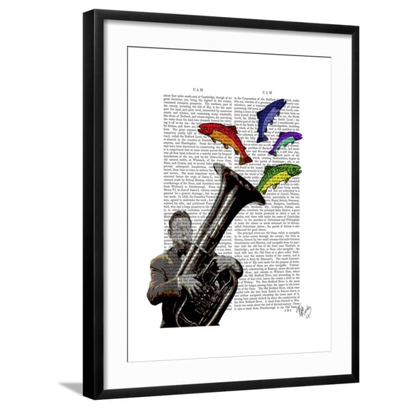 Art.com Tuba and Fish Art Print by Fab Funky, Black Frame Wall Art, 23" x 29"