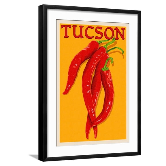 Art.com Tucson, Arizona - Red Chili - Letterpress Art Print by Lantern Press, Black Frame Wall Art, 21" x 29"