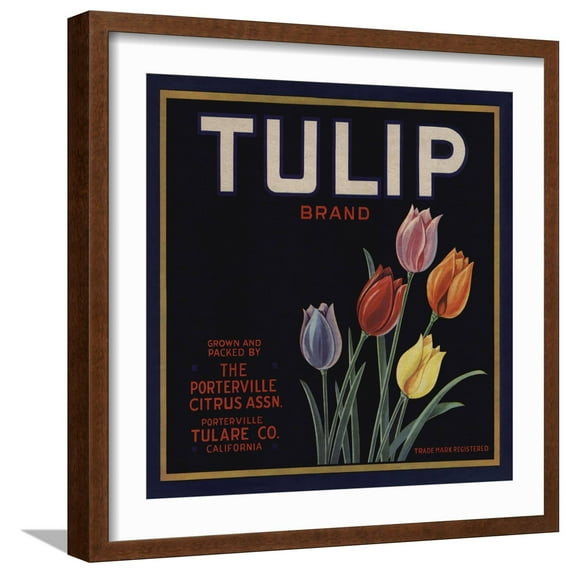Art.com Tulip Brand - Porterville, California - Citrus Crate Label Art Print by Lantern Press, Brown Frame Wall Art, 21" x 21"