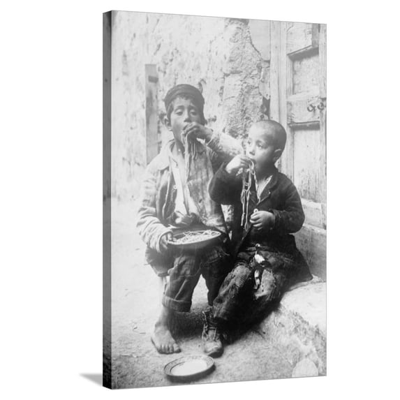 Art.com Two Neapolitan Children Slurp Down Spaghetti Stretched Canvas Print Wall Art, 24" x 36"