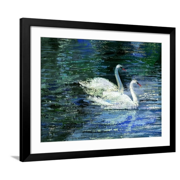 Art.com Two White Swans On Lake Art Print by balaikin2009, Black Frame Wall Art, 40" x 32"