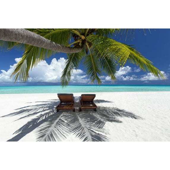 Art.com Two deck chairs under palm trees and tropical beach, The Maldives, Indian Ocean, Asia Photographic Print by Sakis Papadopoulos, 18" x 12"