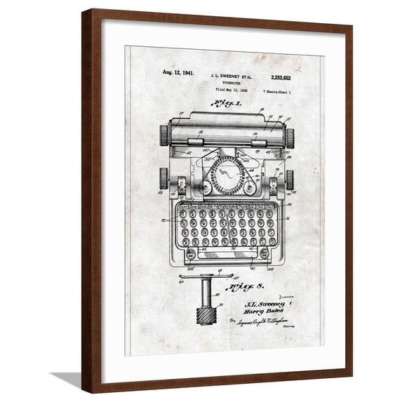 Art.com Typewriter Art Print by Patent, Brown Frame Wall Art, 23" x 29"