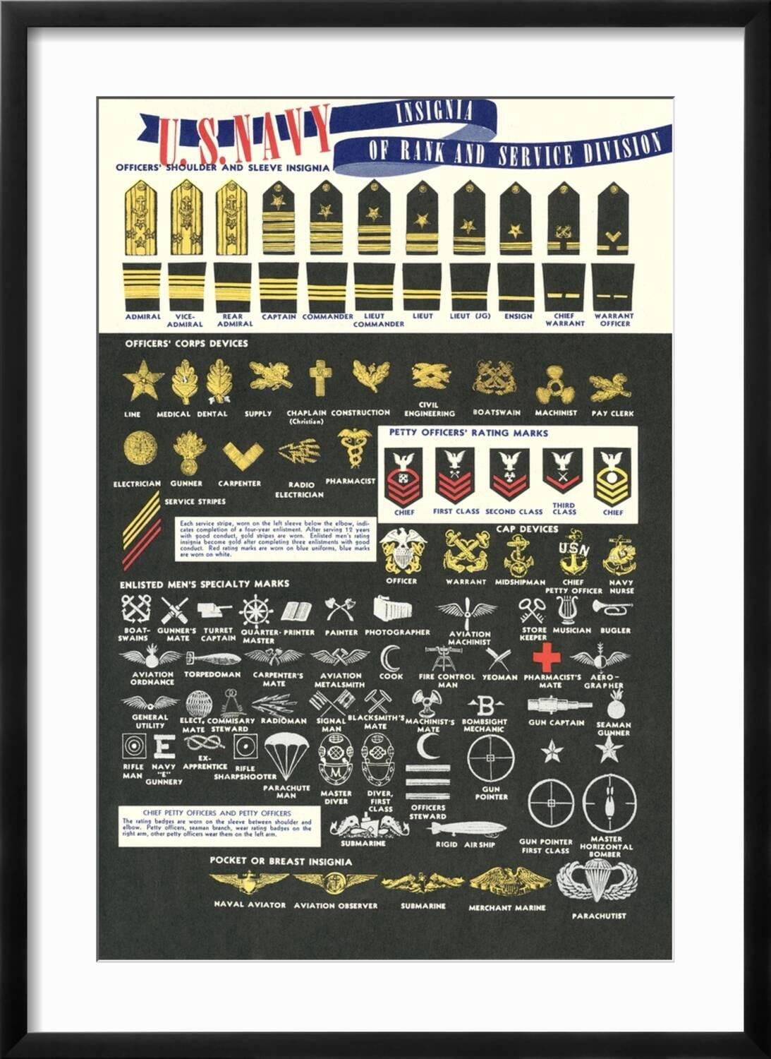 Art.com US Navy Rank and Service Insignia Art Print, Black Frame Wall ...