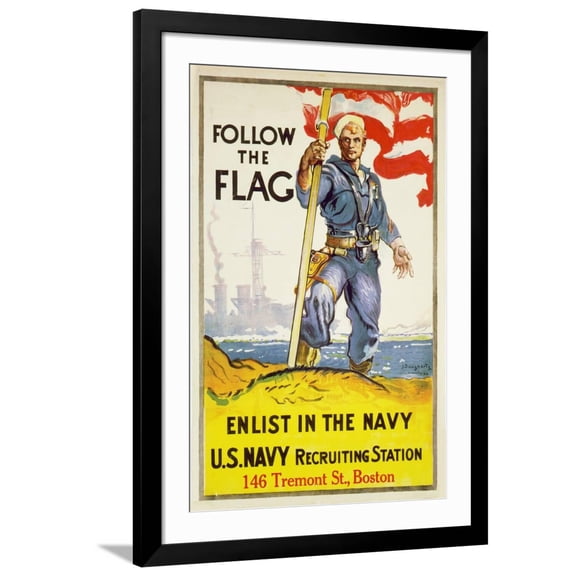 Art.com US Navy Vintage Poster - Follow the Flag Art Print by Lantern Press, Black Frame Wall Art, 32" x 44"