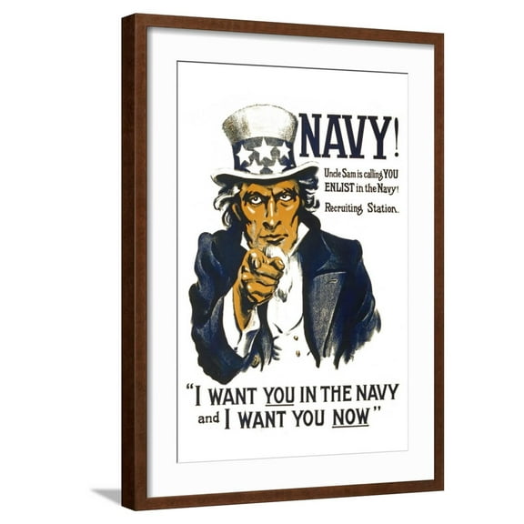 Art.com US Navy Vintage Poster - I Want YOU in the Navy Art Print by Lantern Press, Brown Frame Wall Art, 21" x 29"