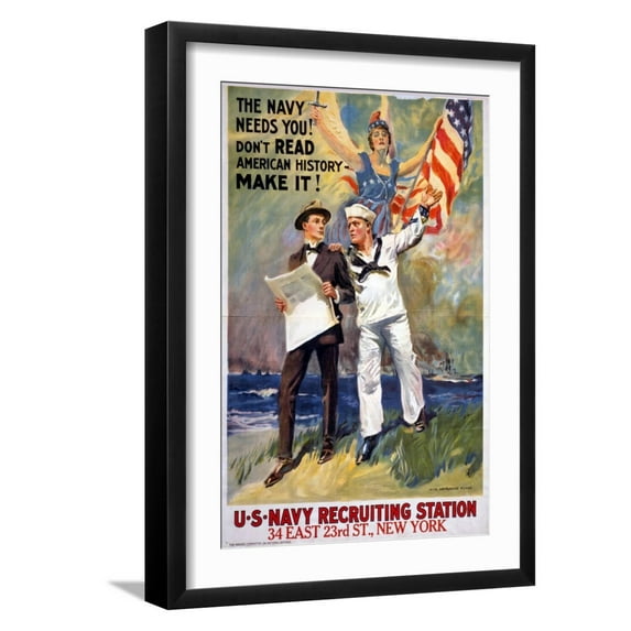 Art.com US Navy Vintage Poster - the Navy Needs You Art Print by Lantern Press, Black Frame Wall Art, 17" x 23"