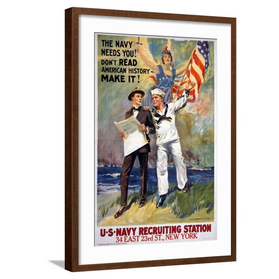 Art.com US Navy Vintage Poster - the Navy Needs You Art Print by Lantern Press, Brown Frame Wall Art, 21" x 29"
