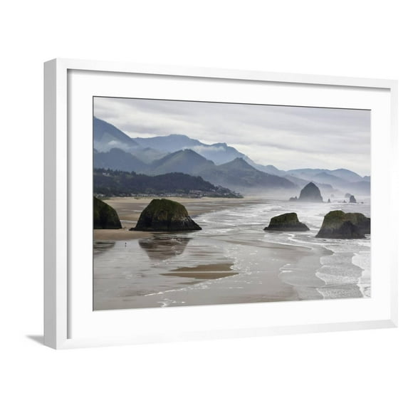 Art.com USA Oregon, Cannon Beach. Fog Rises over Coastline at Low Tide Photographic Print by Jean Carter, White Frame Wall Art, 29" x 21"