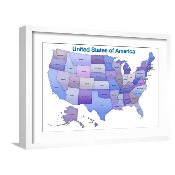 Art.com United States of America Map USA Blue Tonal Art Poster Print Art Print, White Frame Wall Art, 23" x 17"