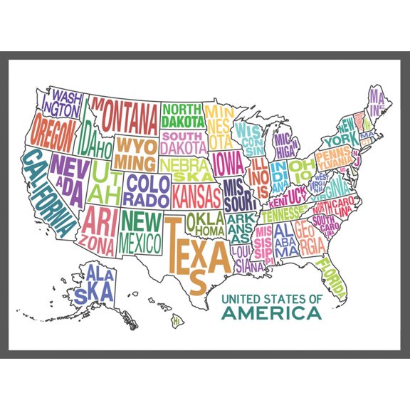 Art.com United States of America Stylized Text Map Colorful Art Print, 32" x 24"