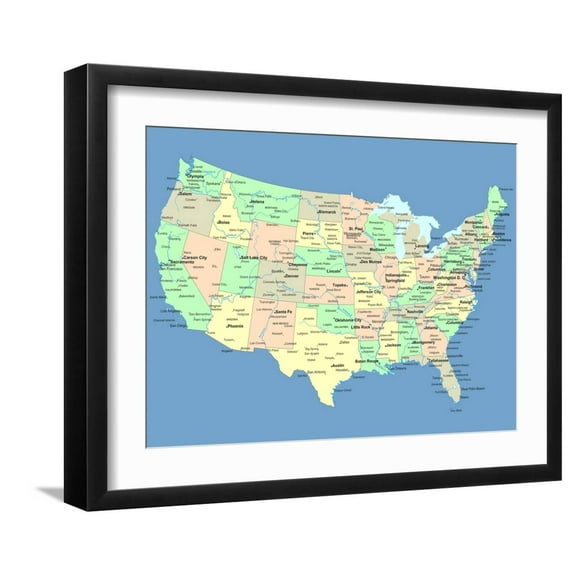 Art.com Usa Map With Names Of States And Cities Art Print by IndianSummer, Black Frame Wall Art, 21" x 17"