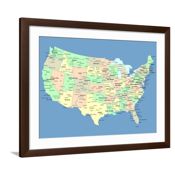 Art.com Usa Map With Names Of States And Cities Art Print by IndianSummer, Brown Frame Wall Art, 40" x 32"