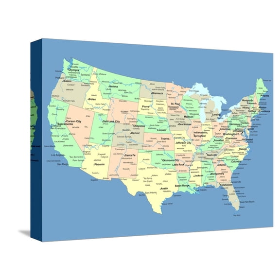 Art.com Usa Map With Names Of States And Cities Stretched Canvas Print Wall Art by IndianSummer, 16" x 12"