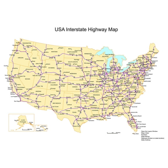 Art.com Usa With Interstate Highways, States And Names Art Print by Bruce Jones, 32" x 24"