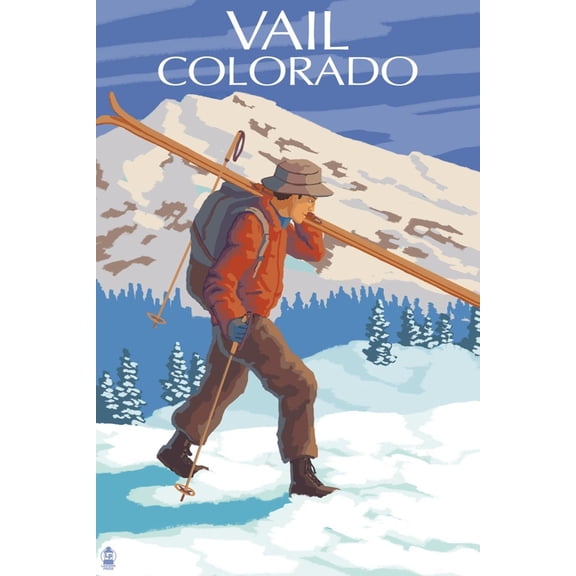 Art.com Vail, CO - Skier Carrying Skis Art Print by Lantern Press, 12" x 18"