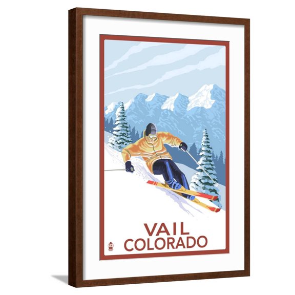 Art.com Vail, CO - Vail Downhill Skier Art Print by Lantern Press, Brown Frame Wall Art, 21" x 29"