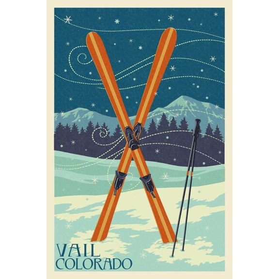 Art.com Vail, Colorado - Crossed Skis Art Print by Lantern Press, 24" x 36"