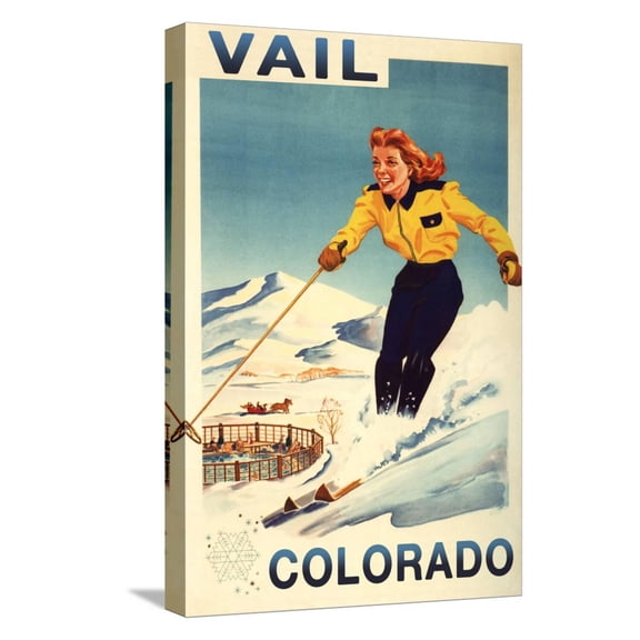 Art.com Vail, Colorado - Red-Headed Woman Skiing Stretched Canvas Print Wall Art by Lantern Press, 12" x 18"