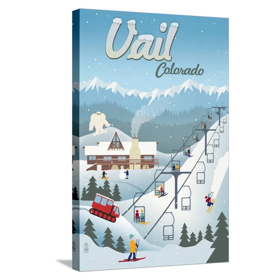 Art.com Vail, Colorado - Retro Ski Resort Stretched Canvas Print Wall Art by Lantern Press, 16" x 24"