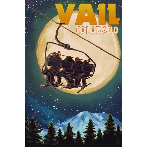 Art.com Vail, Colorado - Ski Lift and Full Moon Art Print by Lantern Press, 24" x 36"