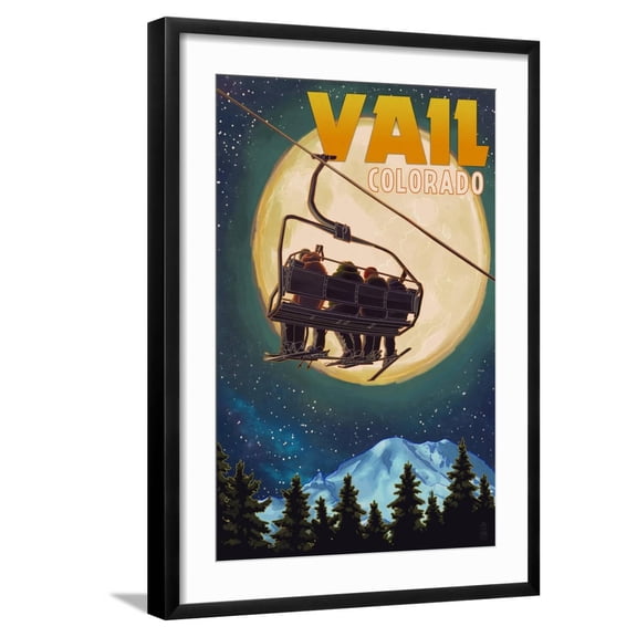 Art.com Vail, Colorado - Ski Lift and Full Moon Art Print by Lantern Press, Black Frame Wall Art, 21" x 29"
