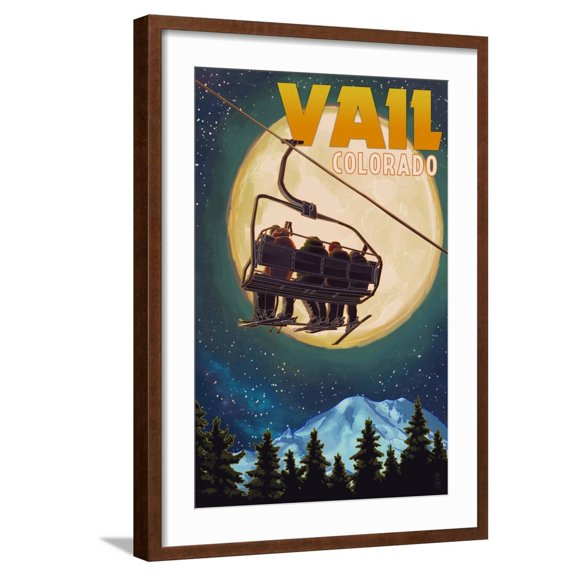 Art.com Vail, Colorado - Ski Lift and Full Moon Art Print by Lantern Press, Brown Frame Wall Art, 21" x 29"