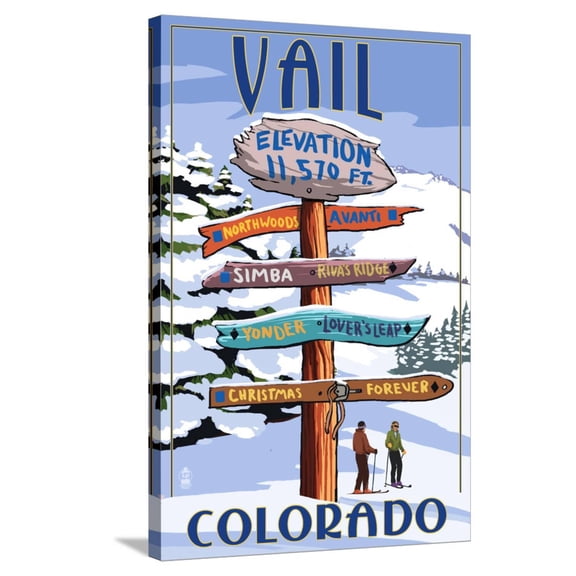 Art.com Vail, Colorado - Ski Signpost Stretched Canvas Print Wall Art by Lantern Press, 24" x 36"