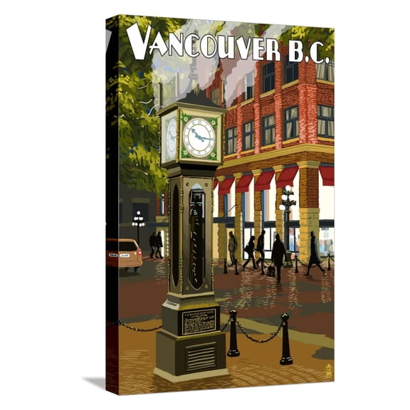 Art.com Vancouver, BC - Steam Clock Stretched Canvas Print Wall Art by Lantern Press, 12" x 18"