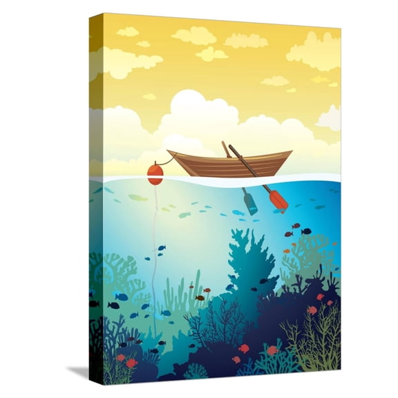 Art.com Vector Seascape - Wooden Boat on a Sunset Sky and Underwater Marine Life with School of Fish and Co Stretched Canvas Print Wall Art by Natali Snailcat, 12" x 16"