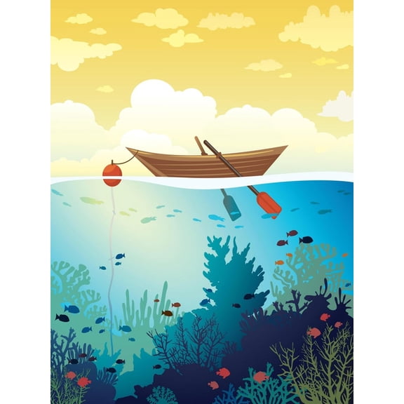 Art.com Vector Seascape - Wooden Boat on a Sunset Sky and Underwater Marine Life with School of Fish and Co Art Print by Natali Snailcat, 12" x 16"