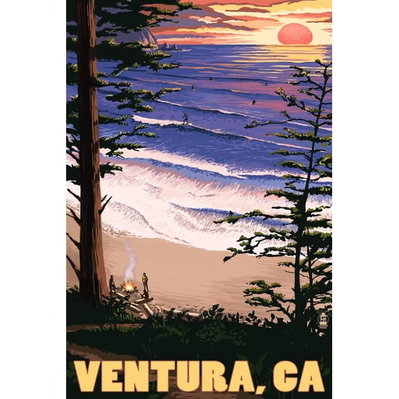 Art.com Ventura, California - Surfing Sunset Art Print by Lantern Press, 16" x 24"