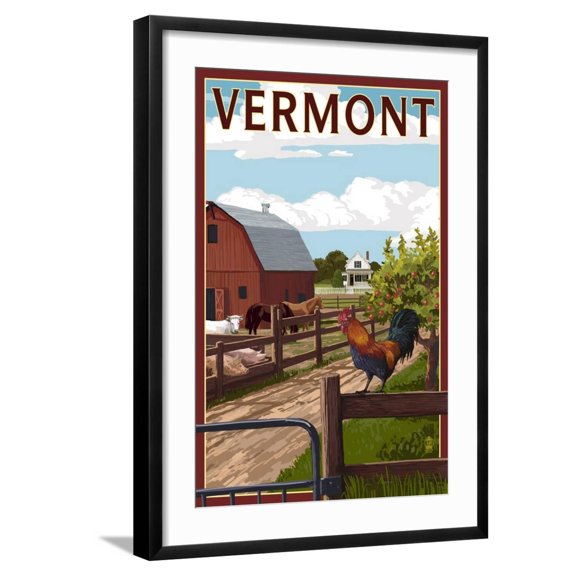 Art.com Vermont - Barnyard Scene Art Print by Lantern Press, Black Frame Wall Art, 21" x 29"