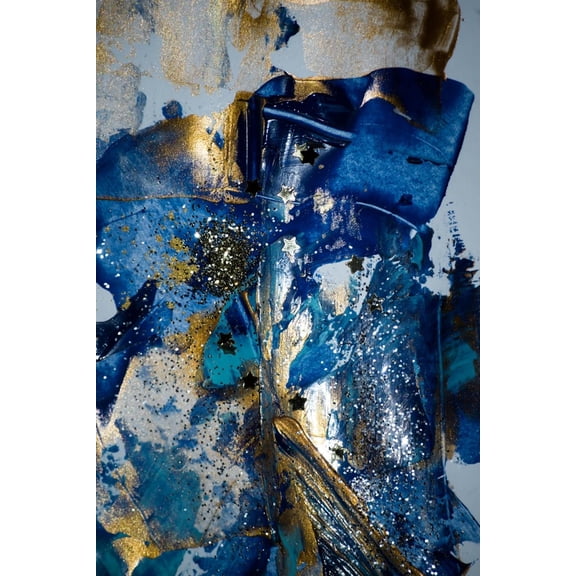 Art.com Very Beautiful Art. Abstract Background. Blue and Gold Paint. Golden Sequins Art Print by CARACOLLA, 12" x 18"
