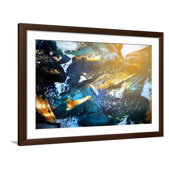 Art.com Very Beautiful Art. Abstract Background. Blue and Gold Paint. Golden Sequins Art Print by CARACOLLA, Brown Frame Wall Art, 44" x 32"