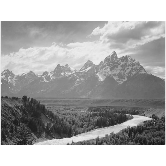 Art.com View From River Valley Towards Snow Covered Mts River In Fgnd, Grand Teton NP Wyoming 1933-1942 Art Print by Ansel Adams, 24" x 18"