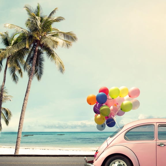Art.com Vintage Card of Car with Colorful Balloon on Beach Blue Sky Concept of Love in Summer and Wedding H Photographic Print by jakkapan, 24" x 24"