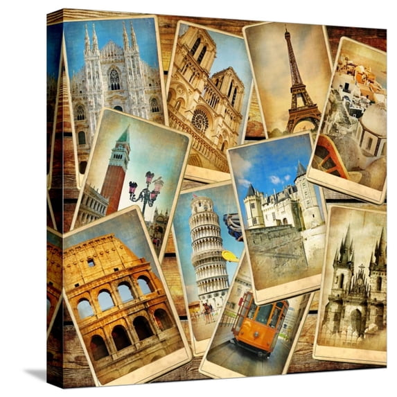 Art.com Vintage Collage - European Travel Stretched Canvas Print Wall Art by Maugli-l, 16" x 16"